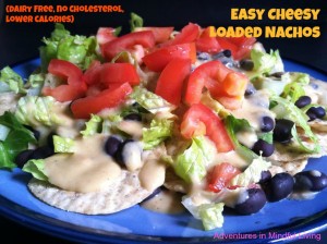 easy cheesy loaded nachos! Dairy free, no cholesterol, vegan and vegetarian friendly, lower calories and soooo good!!