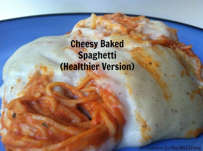 Cheesy Baked Spaghetti (Healthier Version- so you can eat more and not feel so bad!lol). This is how comfort food and healthy can live peacefully together!